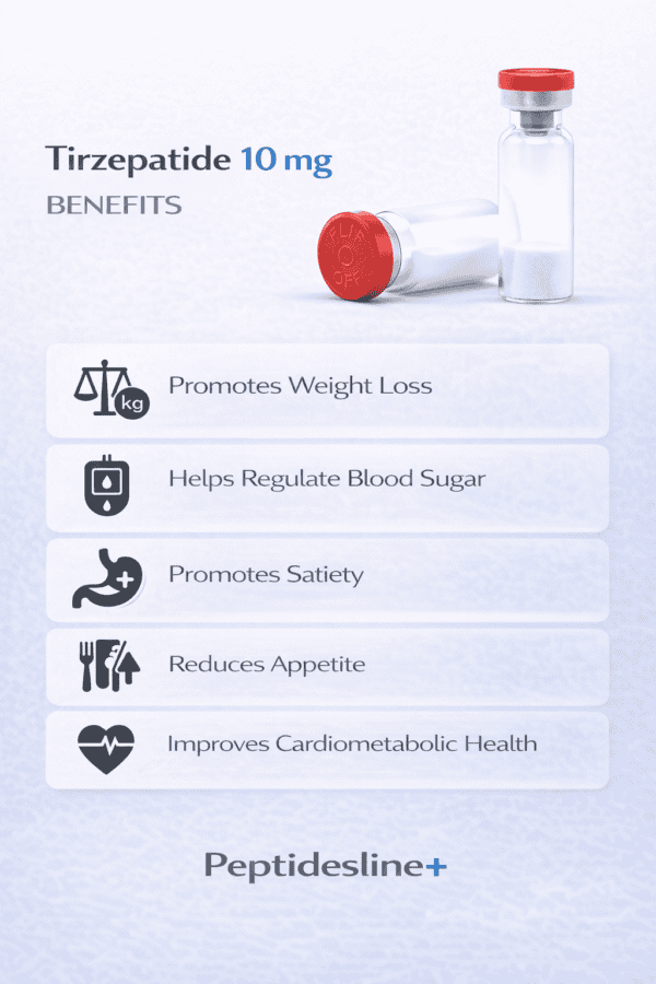 Tirzepatide 10 mg vial for weight loss and health benefits.