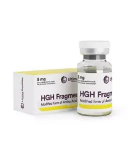 HGH Fragment peptide supplement in glass vial with packaging.