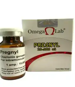 Pregnyl hormone vial for intramuscular injection, 10,000 IU, used in fertility treatments.