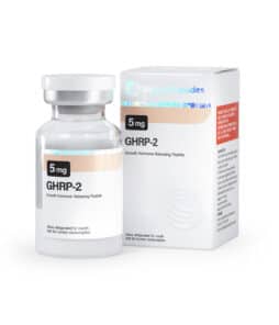 GHRP-2 growth hormone releasing peptide supplement in a glass vial.