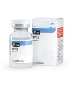 Melanotan 2 peptide vial with packaging for skin tanning and pigmentation.