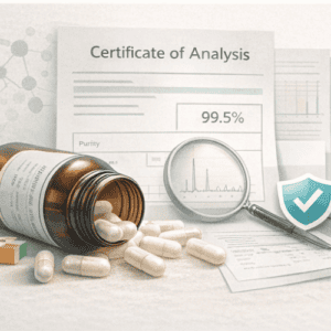 Peptides supplement bottle with analysis report and magnifying glass.