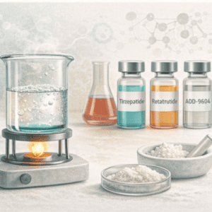 Laboratory setup with peptide vials, beakers, and powders for research.