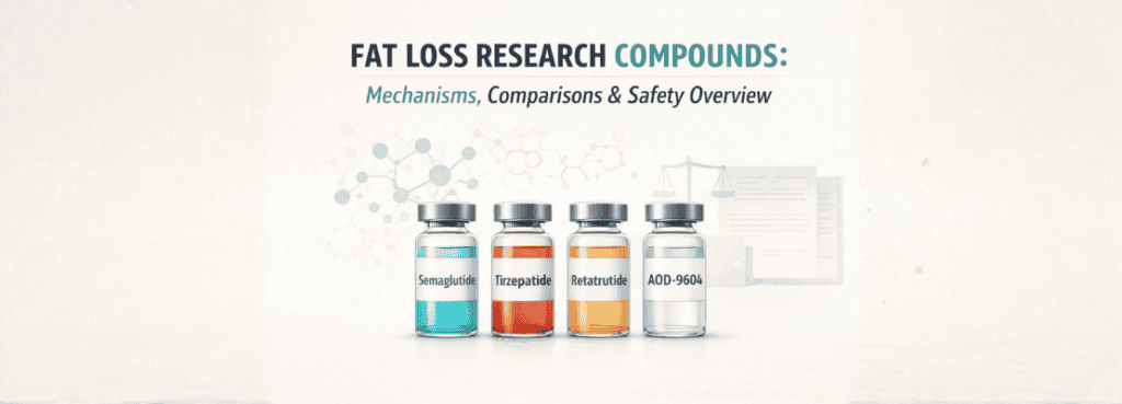 Fat loss research compounds including Hemoglobin, Trazepine, Retinoid, and AOD-9604 bottles.