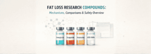 Fat loss research compounds including Hemoglobin, Trazepine, Retinoid, and AOD-9604 bottles.