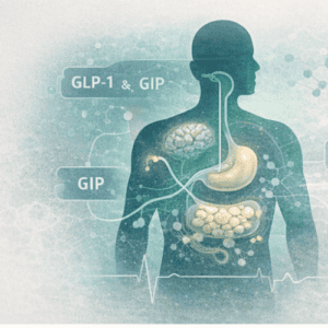 Illustration of human digestive system highlighting GIP and GLP-1 hormones.