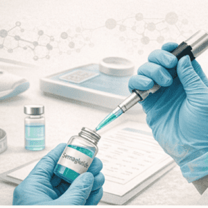 Scientist drawing liquid from peptide vial with pipette in lab setting.