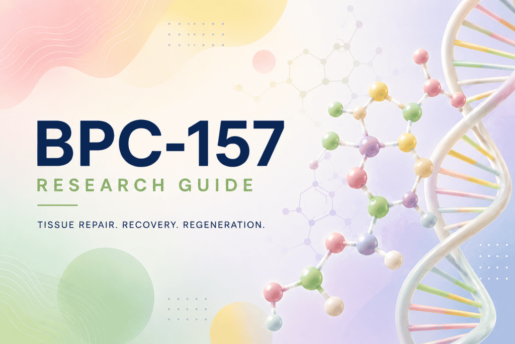BPC-157 research guide with DNA and molecular structures for peptides.