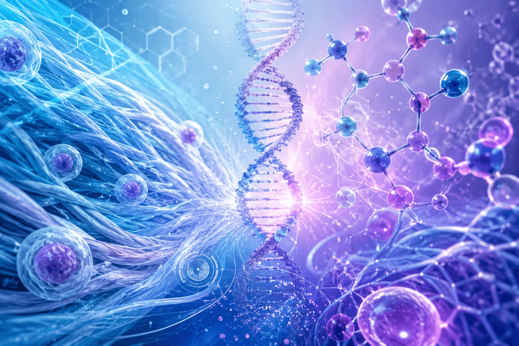 DNA double helix with molecular structures for peptide research.