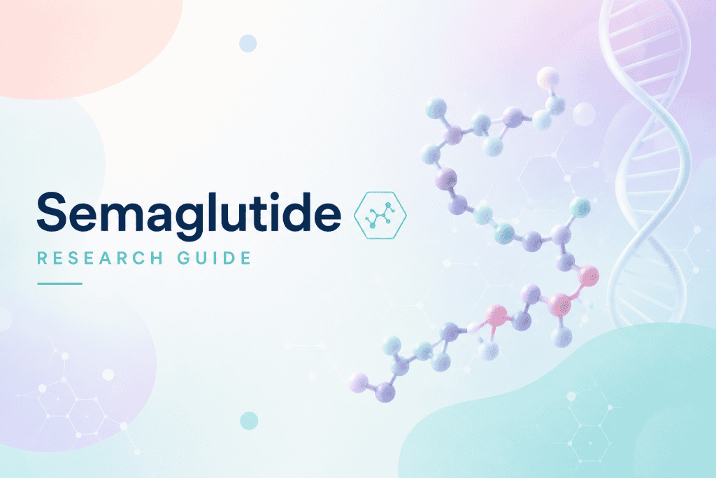 Semaglutide molecular structure with DNA helix background for peptide research.