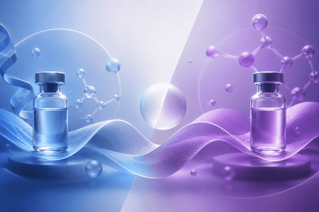 Two peptide vials with molecular structures in a futuristic background.