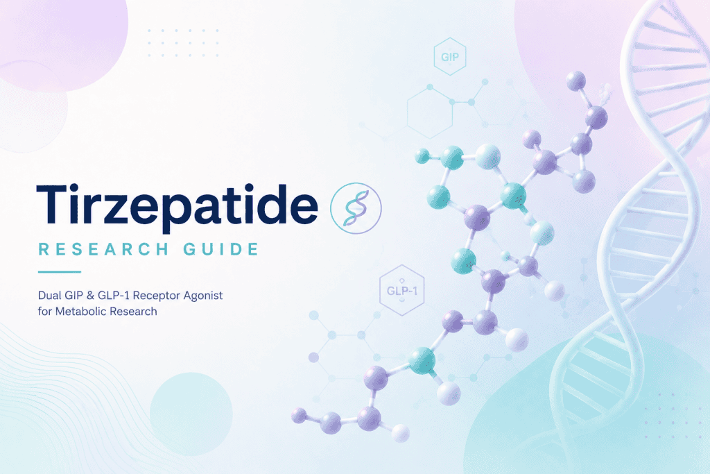 Tirzepatide molecular structure with DNA and chemical symbols.